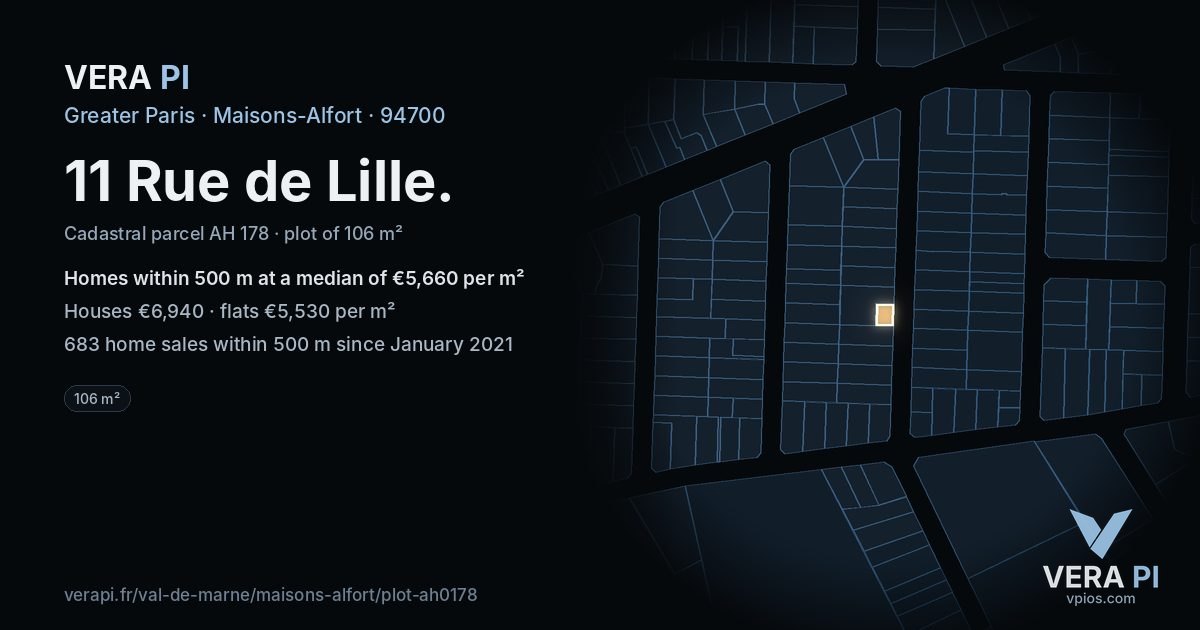11 Rue de Lille, Maisons-Alfort at night – the plot lit, the parcels around coloured by the prices near them