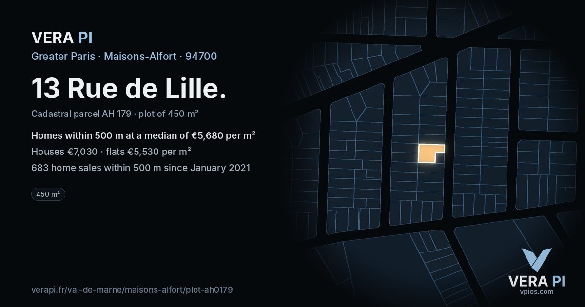 13 Rue de Lille, Maisons-Alfort at night – the plot lit, the parcels around coloured by the prices near them