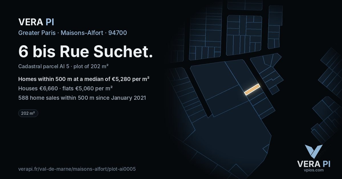 6 bis Rue Suchet, Maisons-Alfort at night – the plot lit, the parcels around coloured by the prices near them