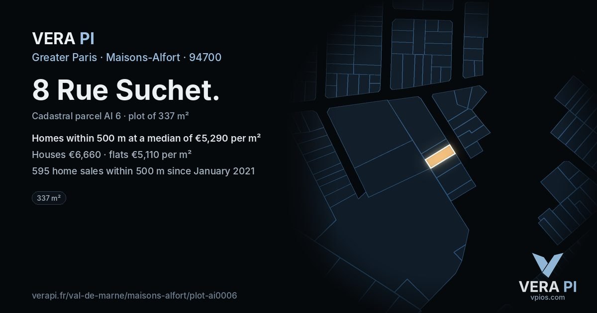 8 Rue Suchet, Maisons-Alfort at night – the plot lit, the parcels around coloured by the prices near them