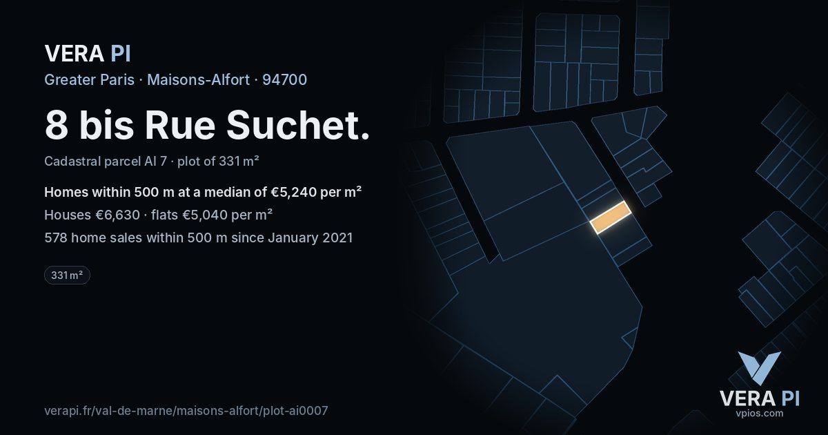 8 bis Rue Suchet, Maisons-Alfort at night – the plot lit, the parcels around coloured by the prices near them