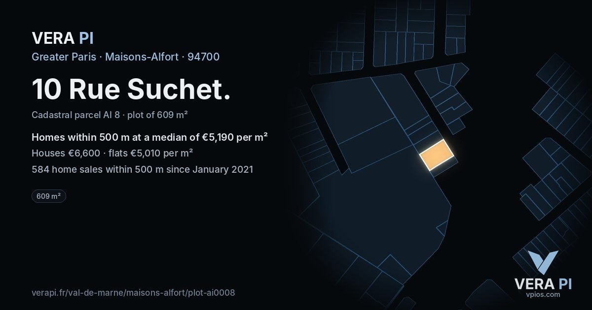 10 Rue Suchet, Maisons-Alfort at night – the plot lit, the parcels around coloured by the prices near them
