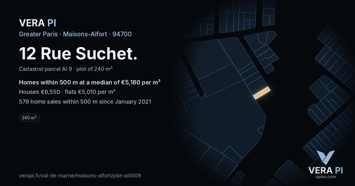 12 Rue Suchet, Maisons-Alfort at night – the plot lit, the parcels around coloured by the prices near them