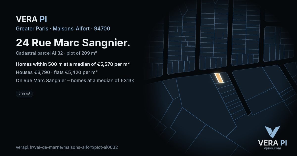 24 Rue Marc Sangnier, Maisons-Alfort at night – the plot lit, the parcels around coloured by the prices near them