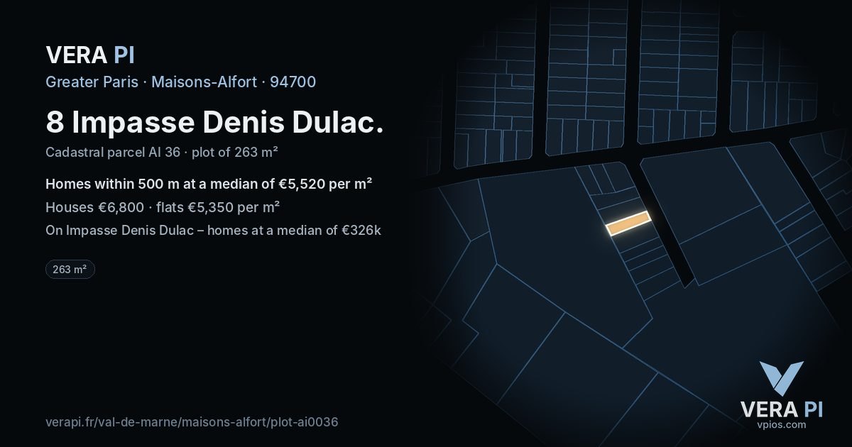 8 Impasse Denis Dulac, Maisons-Alfort at night – the plot lit, the parcels around coloured by the prices near them