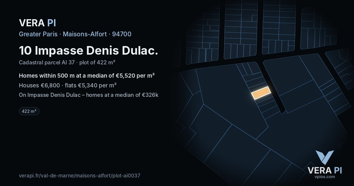 10 Impasse Denis Dulac, Maisons-Alfort at night – the plot lit, the parcels around coloured by the prices near them
