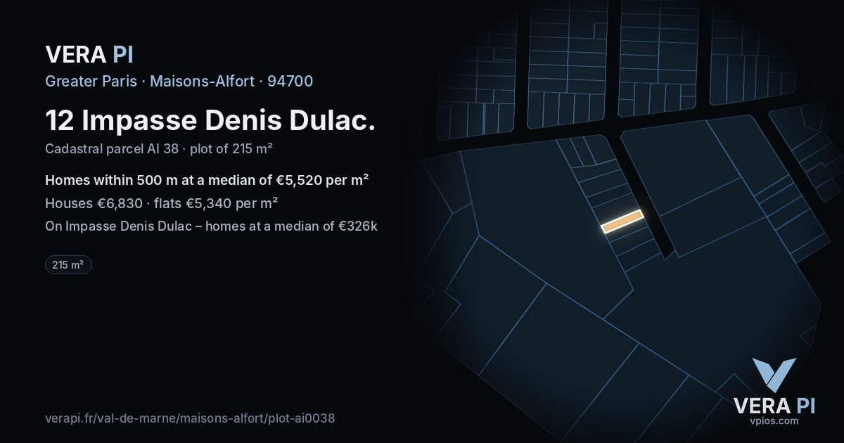 12 Impasse Denis Dulac, Maisons-Alfort at night – the plot lit, the parcels around coloured by the prices near them