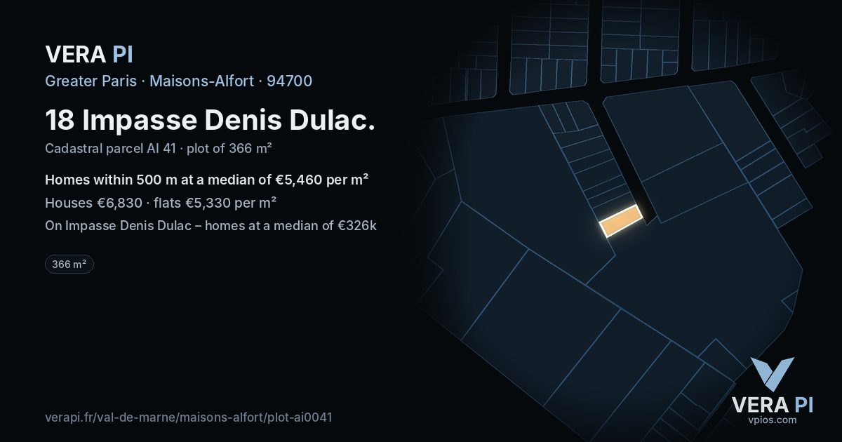 18 Impasse Denis Dulac, Maisons-Alfort at night – the plot lit, the parcels around coloured by the prices near them
