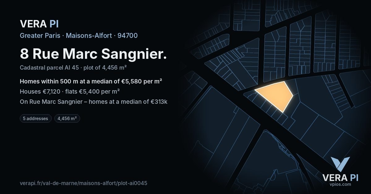 8 Rue Marc Sangnier, Maisons-Alfort at night – the plot lit, the parcels around coloured by the prices near them