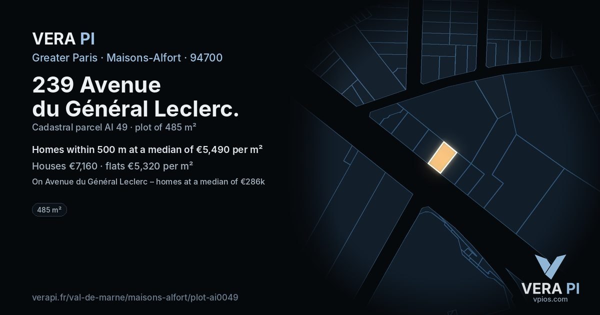 239 Avenue du Général Leclerc, Maisons-Alfort at night – the plot lit, the parcels around coloured by the prices near them