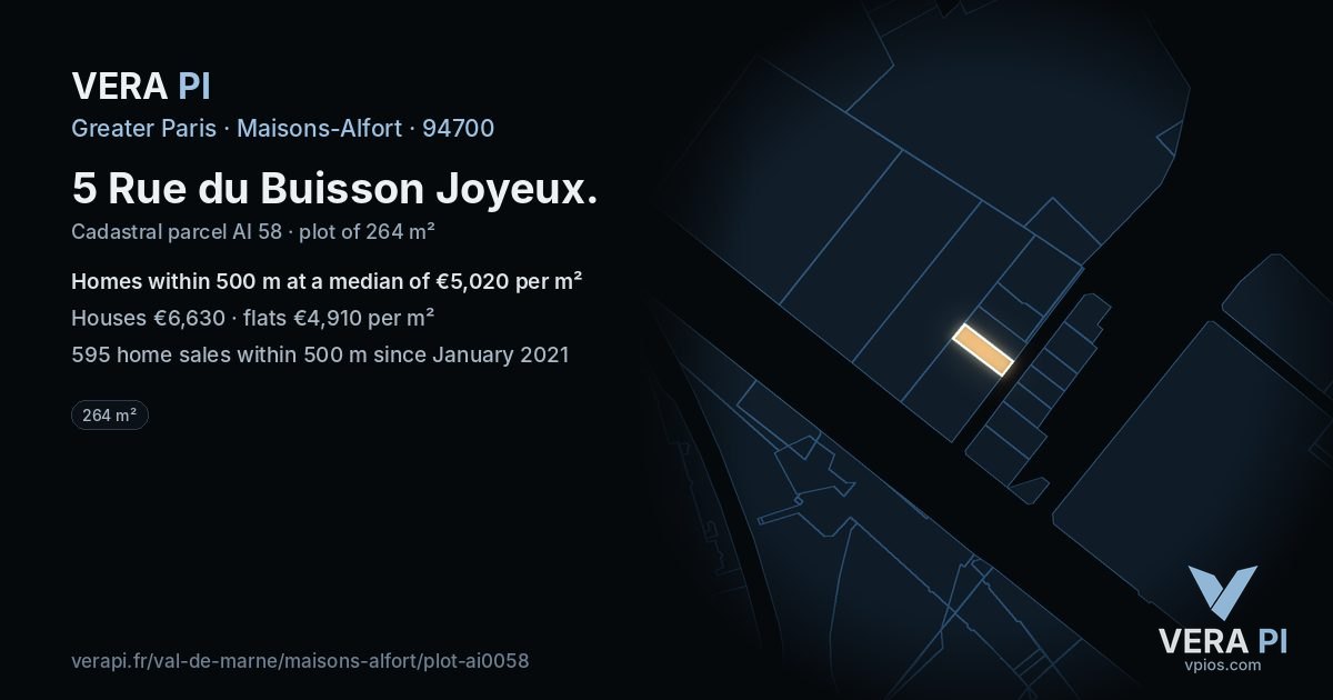 5 Rue du Buisson Joyeux, Maisons-Alfort at night – the plot lit, the parcels around coloured by the prices near them