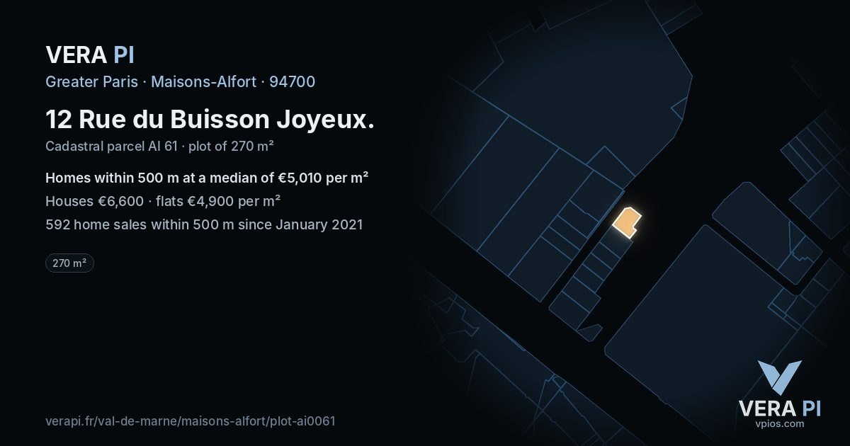 12 Rue du Buisson Joyeux, Maisons-Alfort at night – the plot lit, the parcels around coloured by the prices near them