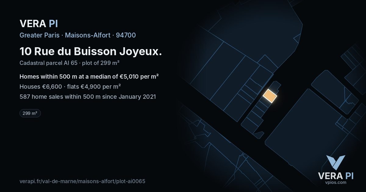 10 Rue du Buisson Joyeux, Maisons-Alfort at night – the plot lit, the parcels around coloured by the prices near them