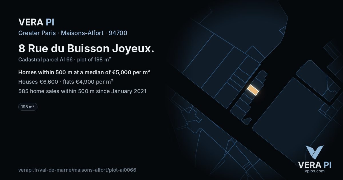 8 Rue du Buisson Joyeux, Maisons-Alfort at night – the plot lit, the parcels around coloured by the prices near them