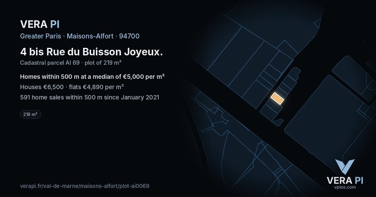 4 bis Rue du Buisson Joyeux, Maisons-Alfort at night – the plot lit, the parcels around coloured by the prices near them