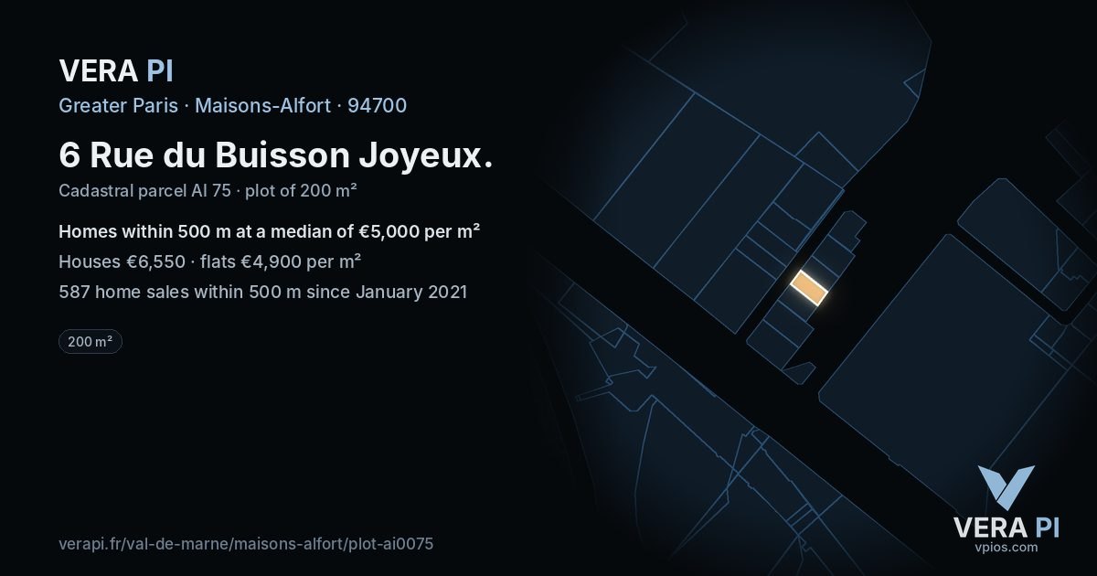 6 Rue du Buisson Joyeux, Maisons-Alfort at night – the plot lit, the parcels around coloured by the prices near them