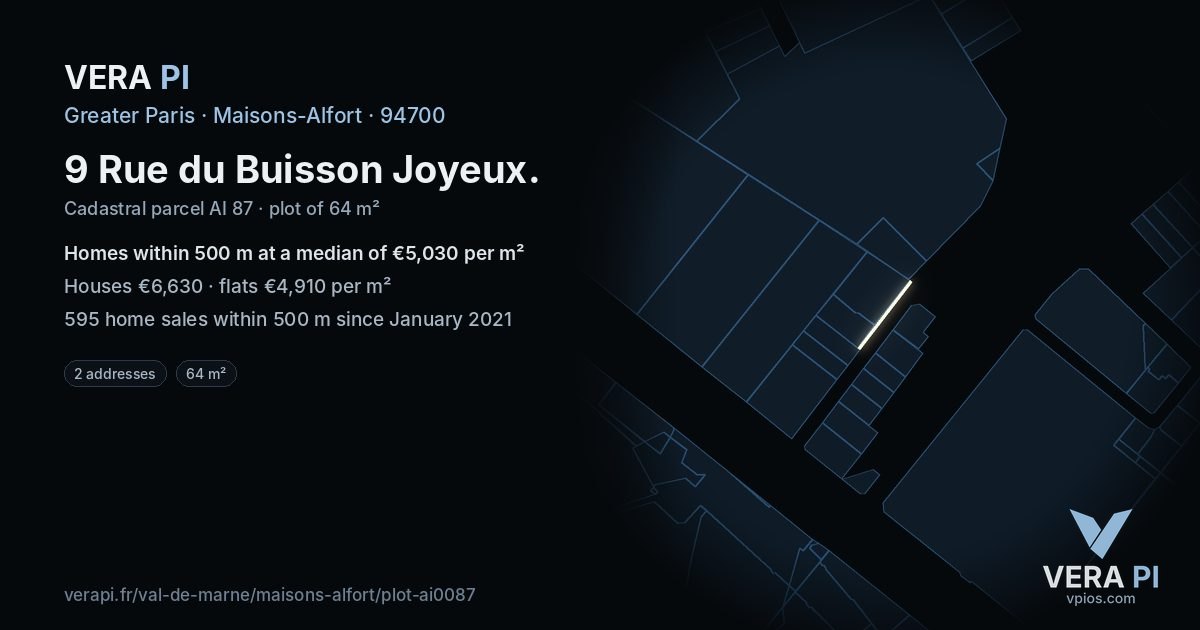 9 Rue du Buisson Joyeux, Maisons-Alfort at night – the plot lit, the parcels around coloured by the prices near them
