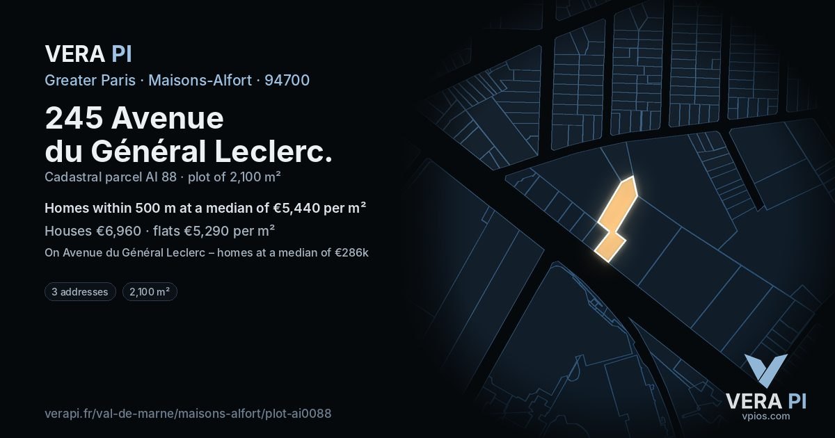 245 Avenue du Général Leclerc, Maisons-Alfort at night – the plot lit, the parcels around coloured by the prices near them