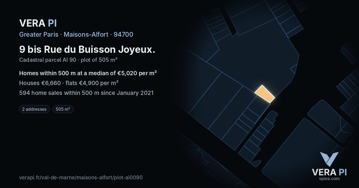 9 bis Rue du Buisson Joyeux, Maisons-Alfort at night – the plot lit, the parcels around coloured by the prices near them