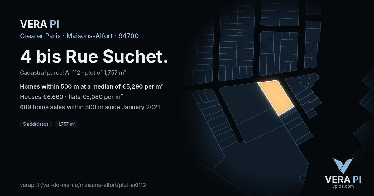 4 bis Rue Suchet, Maisons-Alfort at night – the plot lit, the parcels around coloured by the prices near them