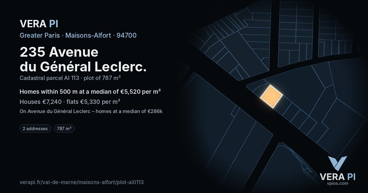 235 Avenue du Général Leclerc, Maisons-Alfort at night – the plot lit, the parcels around coloured by the prices near them