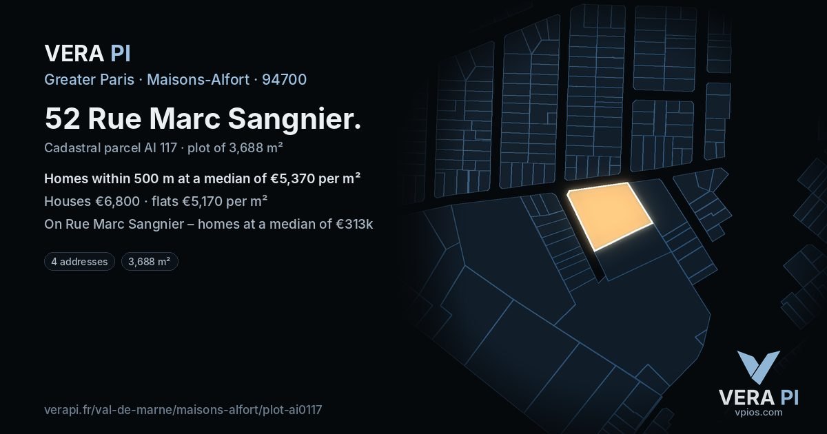 52 Rue Marc Sangnier, Maisons-Alfort at night – the plot lit, the parcels around coloured by the prices near them