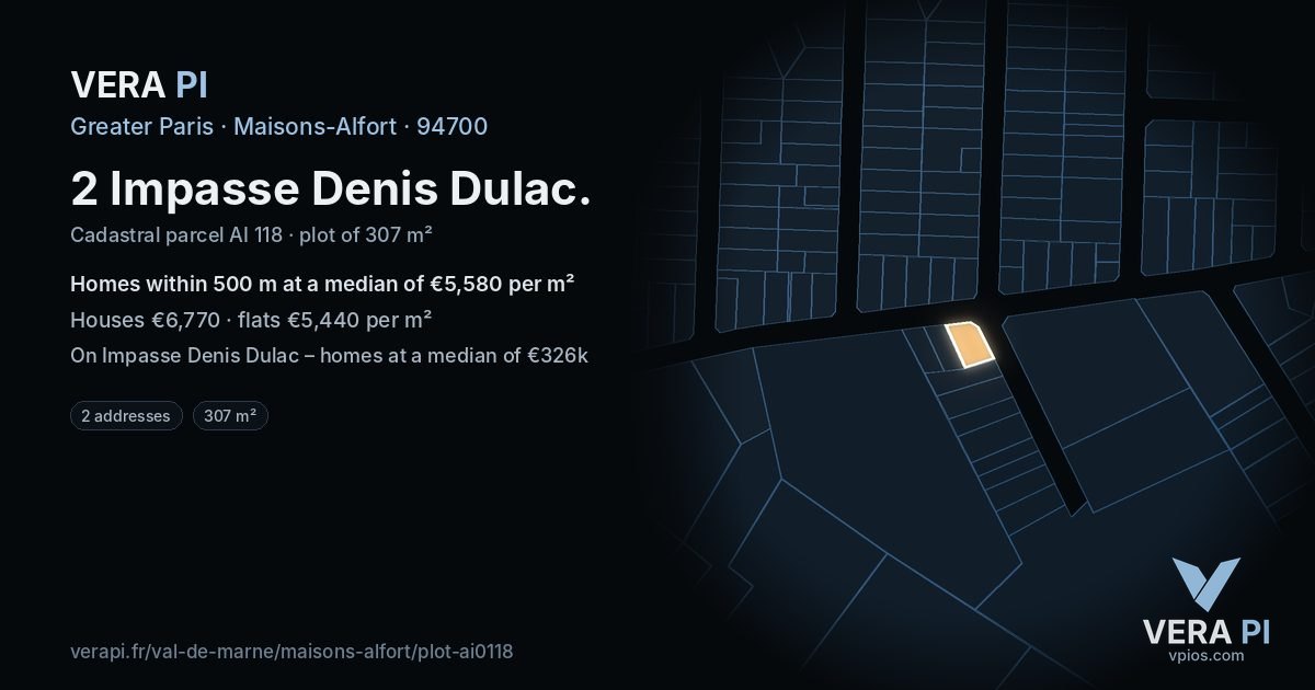 2 Impasse Denis Dulac, Maisons-Alfort at night – the plot lit, the parcels around coloured by the prices near them