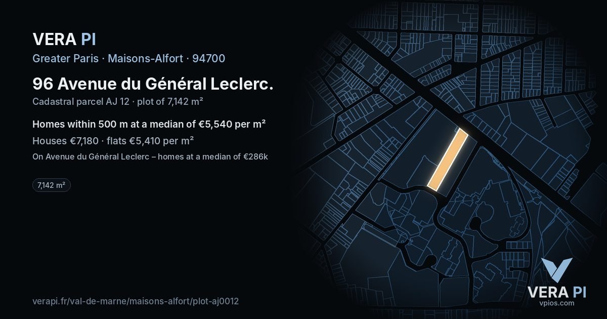 96 Avenue du Général Leclerc, Maisons-Alfort at night – the plot lit, the parcels around coloured by the prices near them