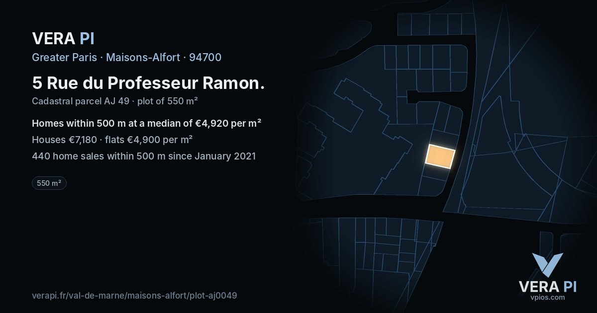5 Rue du Professeur Ramon, Maisons-Alfort at night – the plot lit, the parcels around coloured by the prices near them