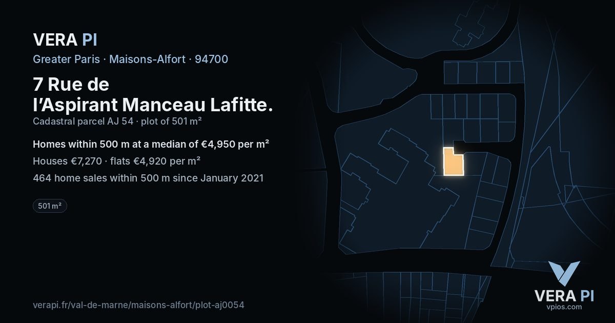 7 Rue de l’Aspirant Manceau Lafitte, Maisons-Alfort at night – the plot lit, the parcels around coloured by the prices near them