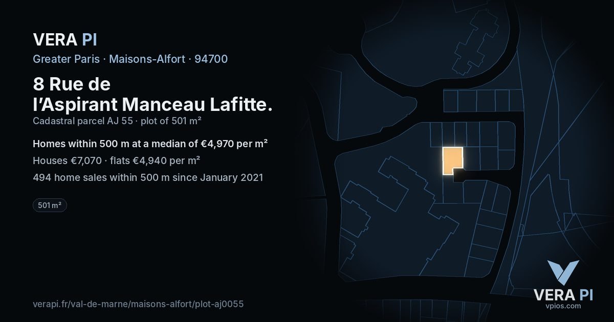 8 Rue de l’Aspirant Manceau Lafitte, Maisons-Alfort at night – the plot lit, the parcels around coloured by the prices near them