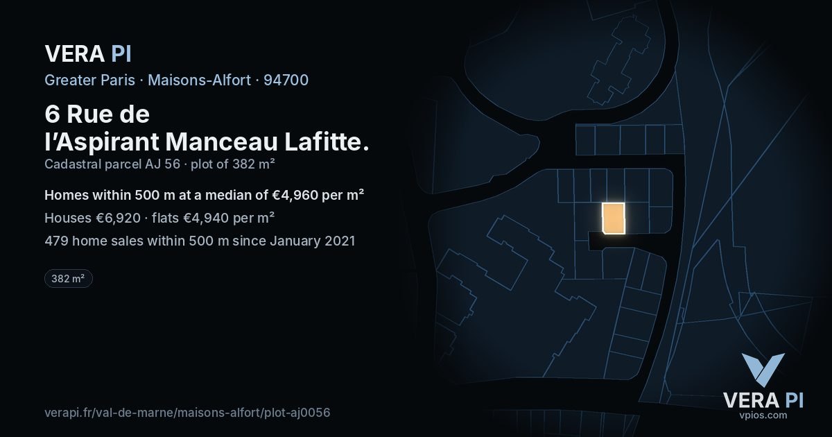 6 Rue de l’Aspirant Manceau Lafitte, Maisons-Alfort at night – the plot lit, the parcels around coloured by the prices near them