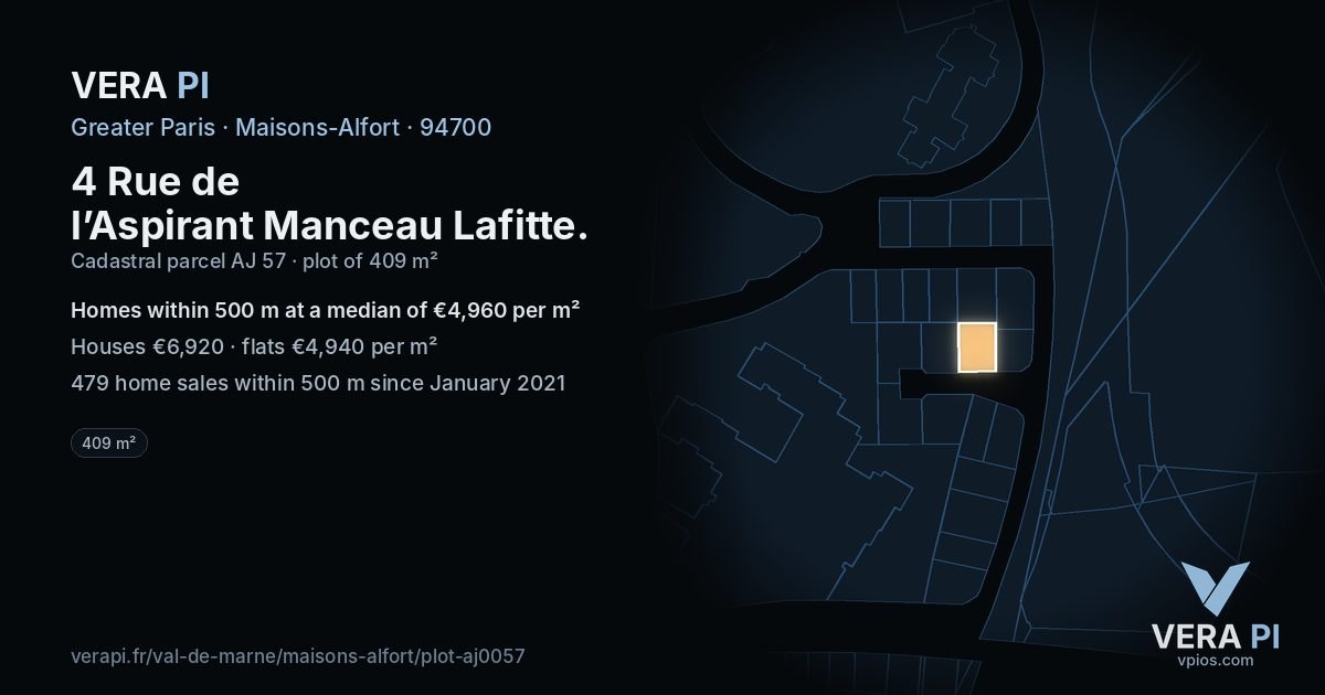 4 Rue de l’Aspirant Manceau Lafitte, Maisons-Alfort at night – the plot lit, the parcels around coloured by the prices near them