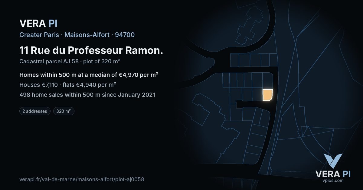 11 Rue du Professeur Ramon, Maisons-Alfort at night – the plot lit, the parcels around coloured by the prices near them