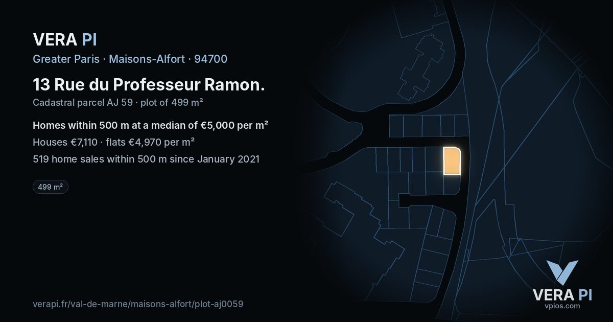 13 Rue du Professeur Ramon, Maisons-Alfort at night – the plot lit, the parcels around coloured by the prices near them