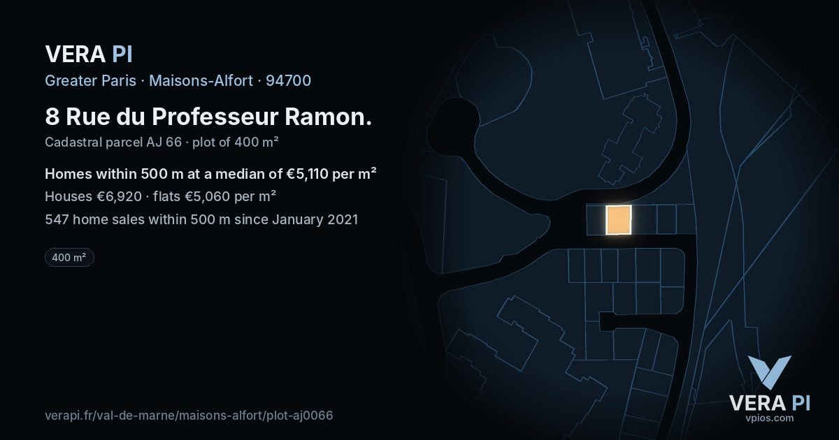 8 Rue du Professeur Ramon, Maisons-Alfort at night – the plot lit, the parcels around coloured by the prices near them