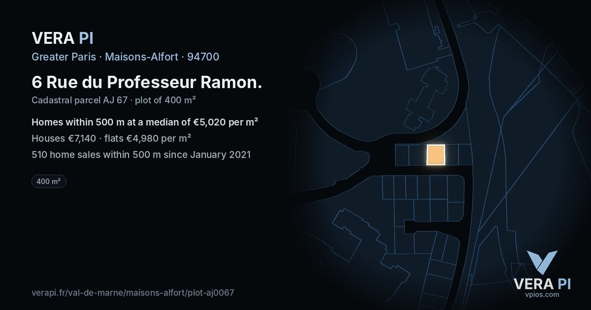 6 Rue du Professeur Ramon, Maisons-Alfort at night – the plot lit, the parcels around coloured by the prices near them