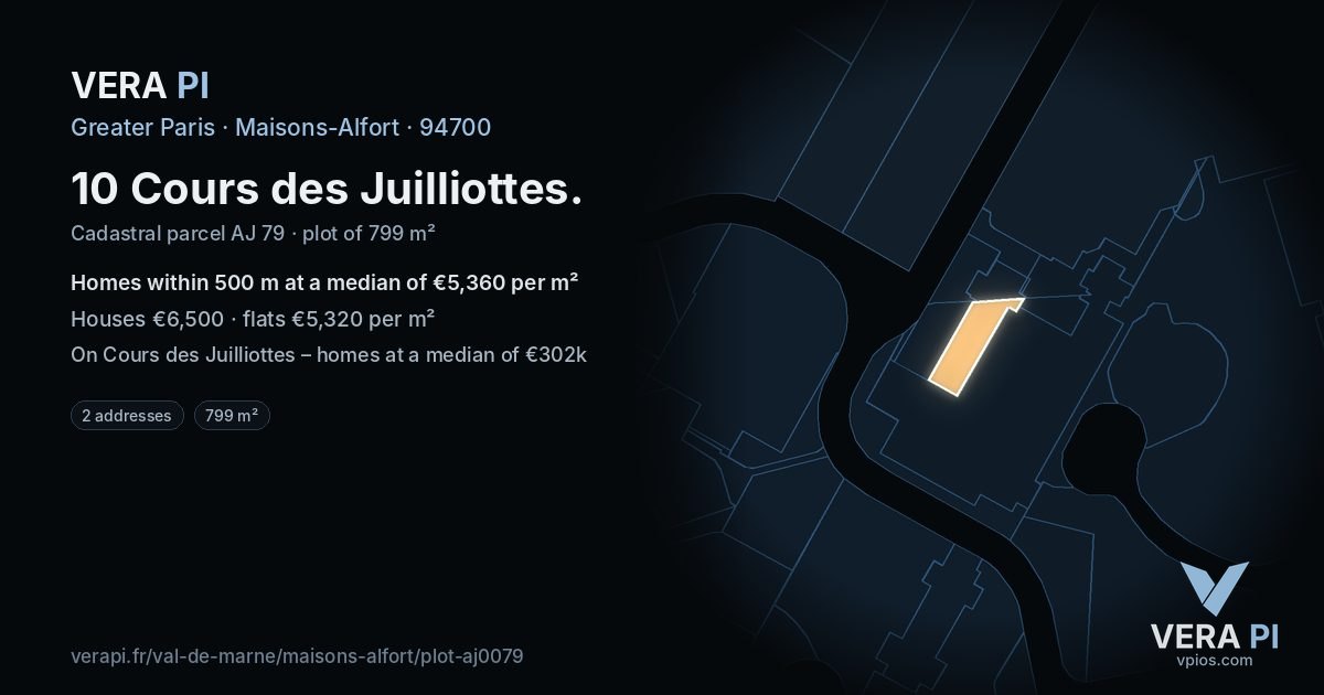 10 Cours des Juilliottes, Maisons-Alfort at night – the plot lit, the parcels around coloured by the prices near them