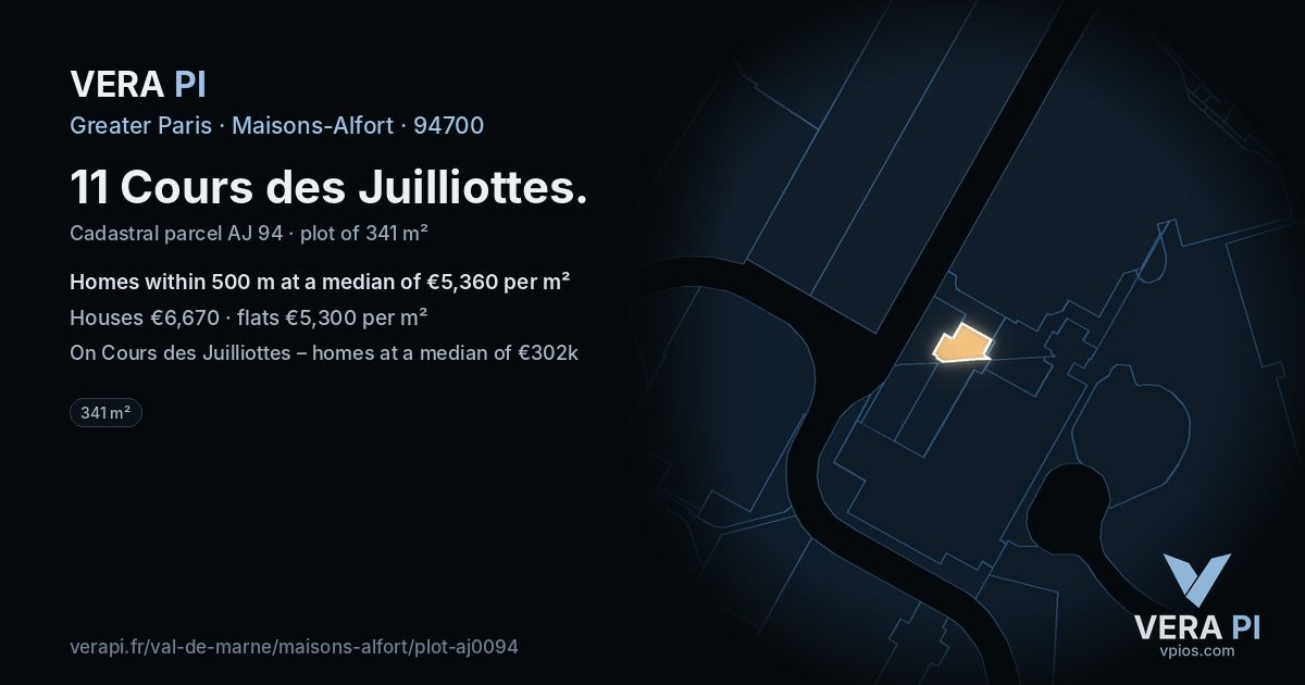 11 Cours des Juilliottes, Maisons-Alfort at night – the plot lit, the parcels around coloured by the prices near them