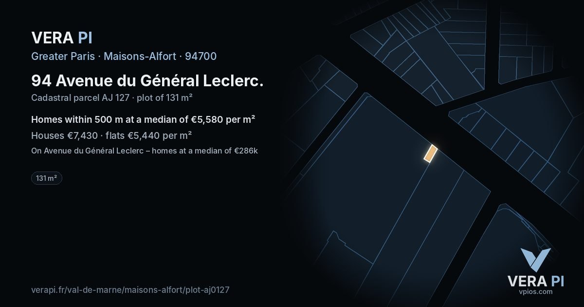 94 Avenue du Général Leclerc, Maisons-Alfort at night – the plot lit, the parcels around coloured by the prices near them