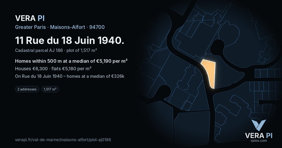 11 Rue du 18 Juin 1940, Maisons-Alfort at night – the plot lit, the parcels around coloured by the prices near them