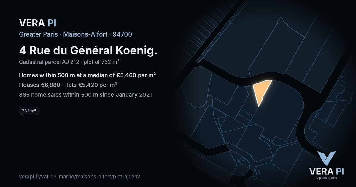 4 Rue du Général Koenig, Maisons-Alfort at night – the plot lit, the parcels around coloured by the prices near them