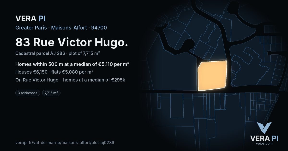 83 Rue Victor Hugo, Maisons-Alfort at night – the plot lit, the parcels around coloured by the prices near them