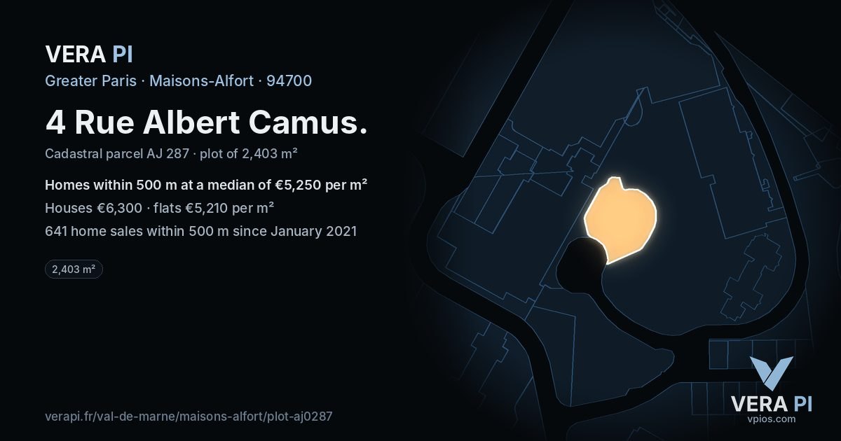 4 Rue Albert Camus, Maisons-Alfort at night – the plot lit, the parcels around coloured by the prices near them