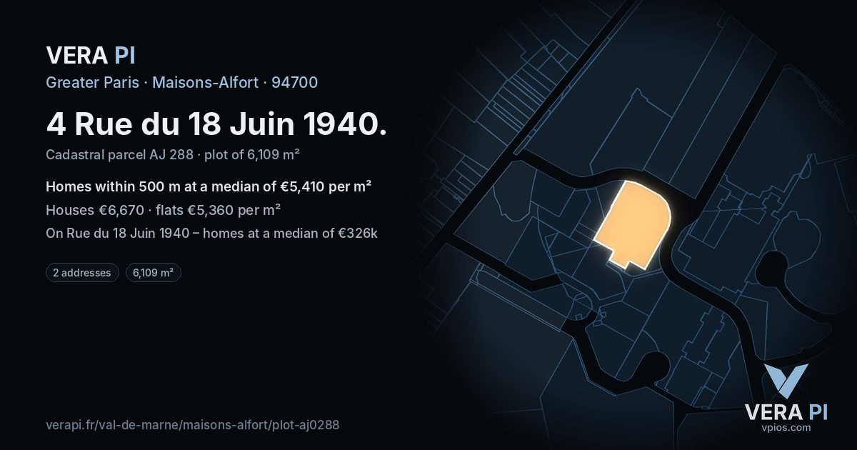 4 Rue du 18 Juin 1940, Maisons-Alfort at night – the plot lit, the parcels around coloured by the prices near them