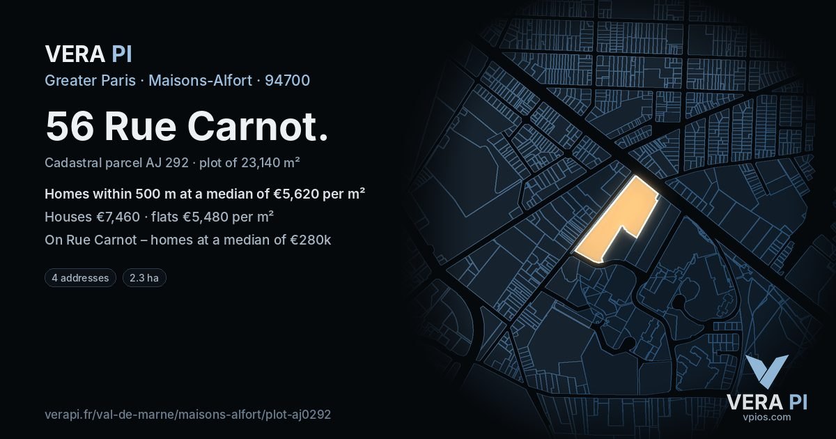 56 Rue Carnot, Maisons-Alfort at night – the plot lit, the parcels around coloured by the prices near them