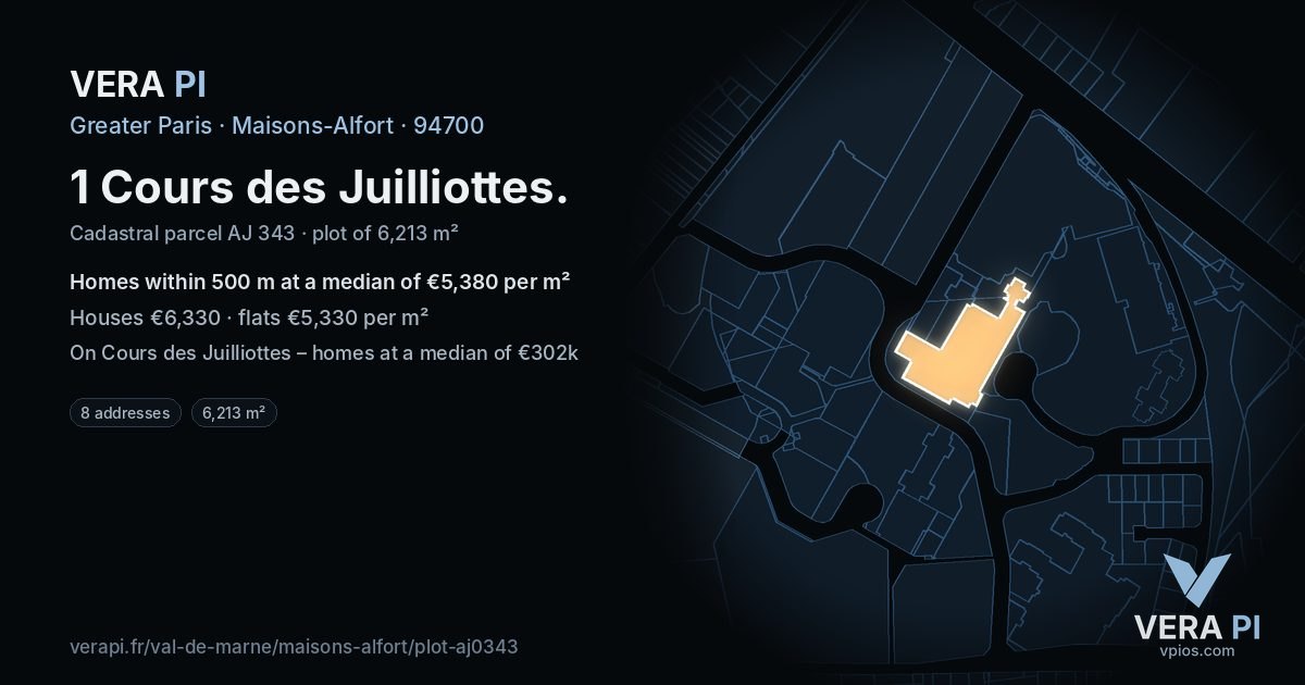1 Cours des Juilliottes, Maisons-Alfort at night – the plot lit, the parcels around coloured by the prices near them