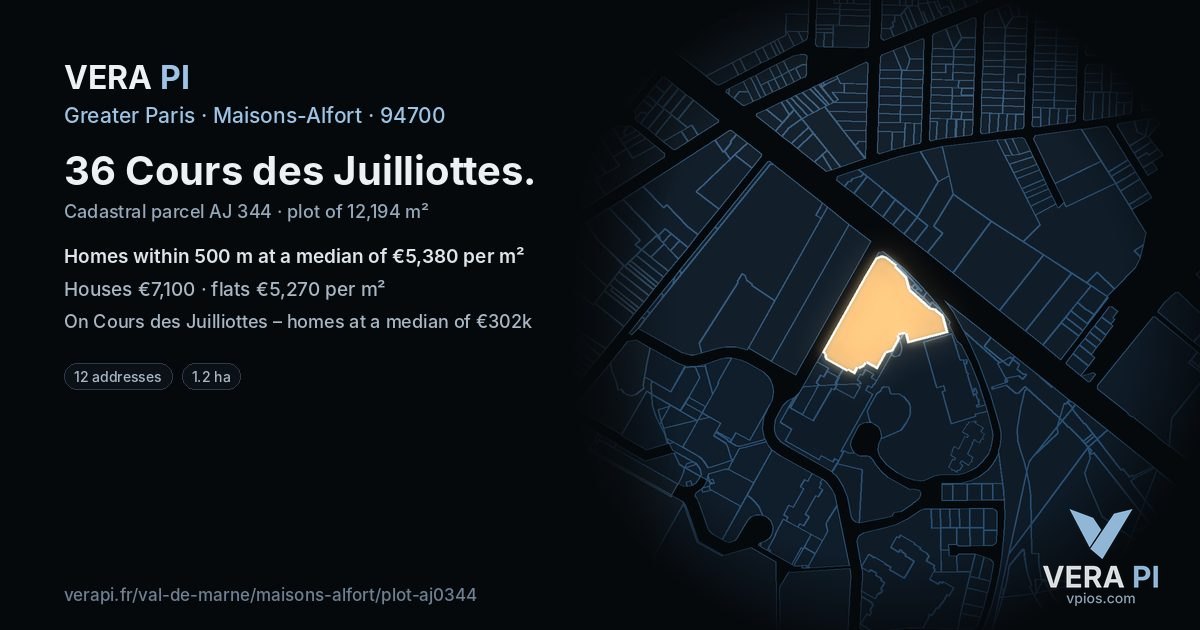 36 Cours des Juilliottes, Maisons-Alfort at night – the plot lit, the parcels around coloured by the prices near them