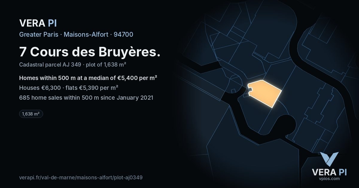 7 Cours des Bruyères, Maisons-Alfort at night – the plot lit, the parcels around coloured by the prices near them