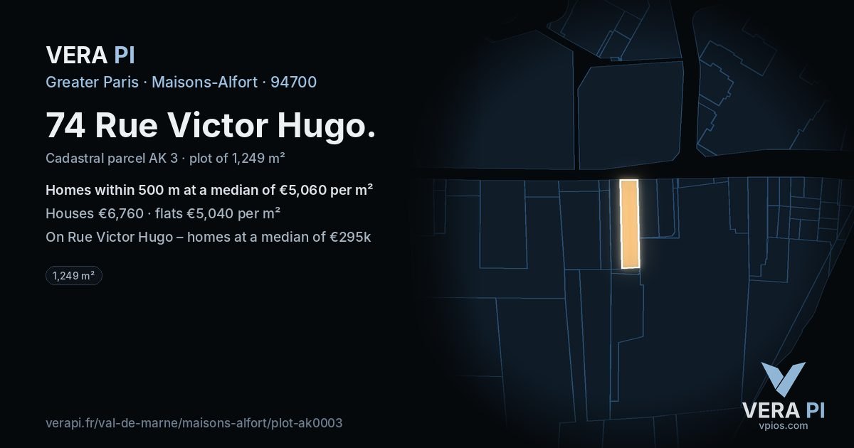 74 Rue Victor Hugo, Maisons-Alfort at night – the plot lit, the parcels around coloured by the prices near them